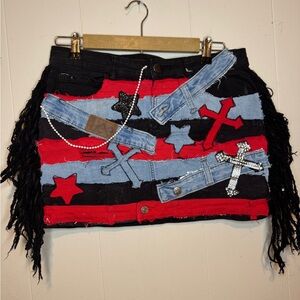 American Bazi Red and Black Star Denim Mini Skirt